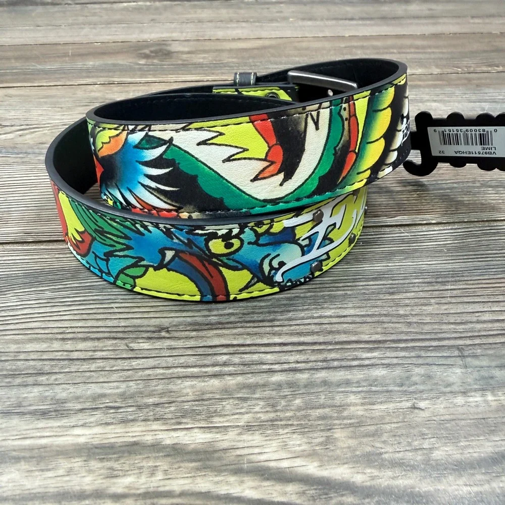 Ed Hardy Mens Size 32 Belt Lime Green Dragon Tattoo Graphic VB97511EHQA New